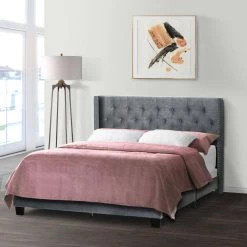 Asali Silver Gray Velvet Twin Upholstered Headboard Bed with Button Tufting and Nail Headed Wings by Glamour Home -Kahomvis Sales Store silver grey glamour home panel beds ghub 1487 44 1000