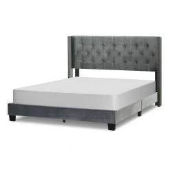 Asali Silver Gray Velvet Twin Upholstered Headboard Bed with Button Tufting and Nail Headed Wings by Glamour Home -Kahomvis Sales Store silver grey glamour home panel beds ghub 1487 4f 1000