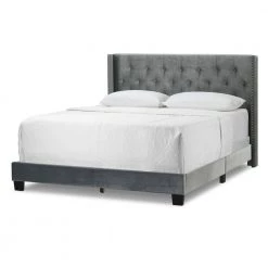 Asali Silver Gray Velvet Twin Upholstered Headboard Bed with Button Tufting and Nail Headed Wings by Glamour Home