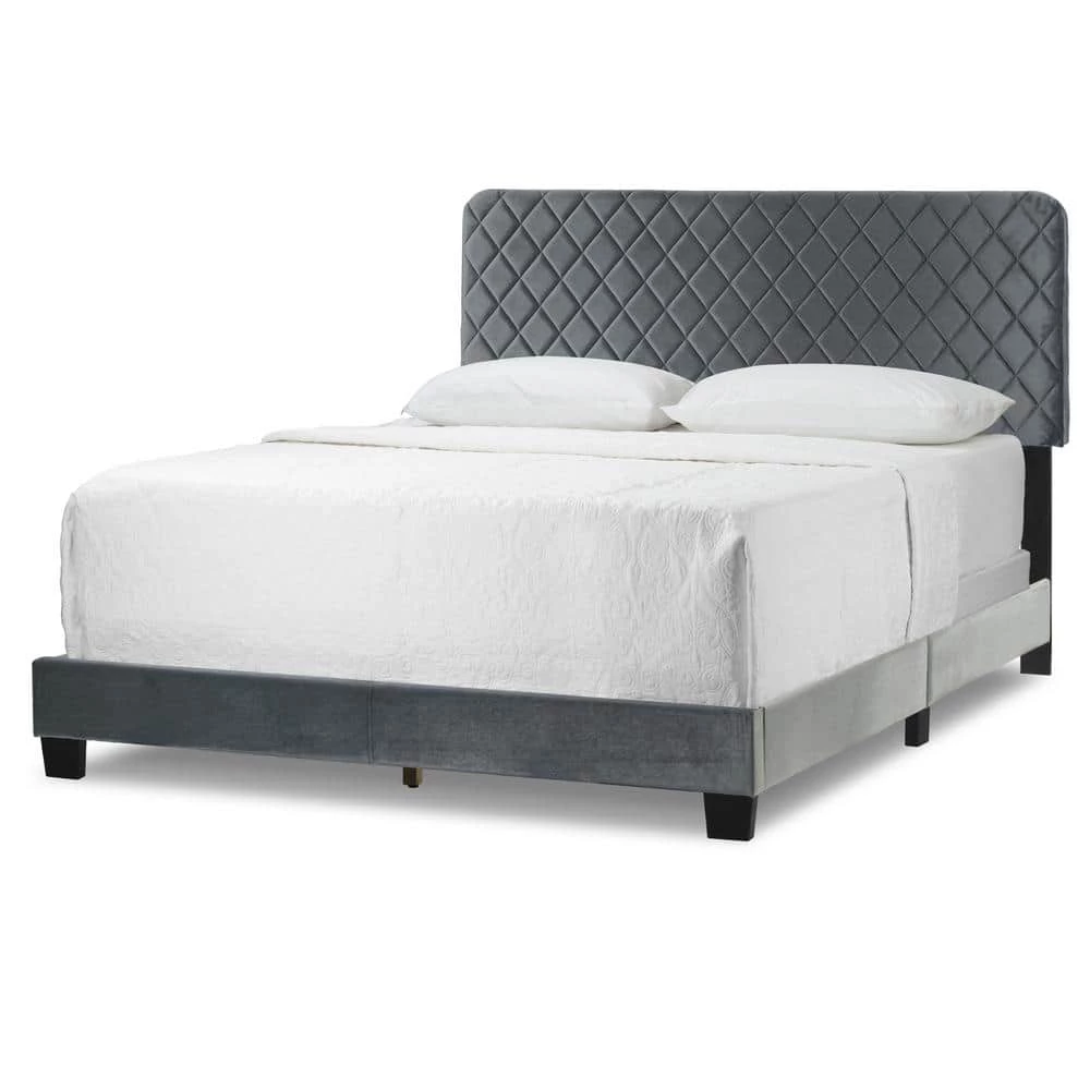 Aurum Silver Grey Velvety Fabric Queen Bed with Decorative Stitching by Glamour Home 1 Aurum Silver Grey Velvety Fabric Queen Bed with Decorative Stitching by Glamour Home