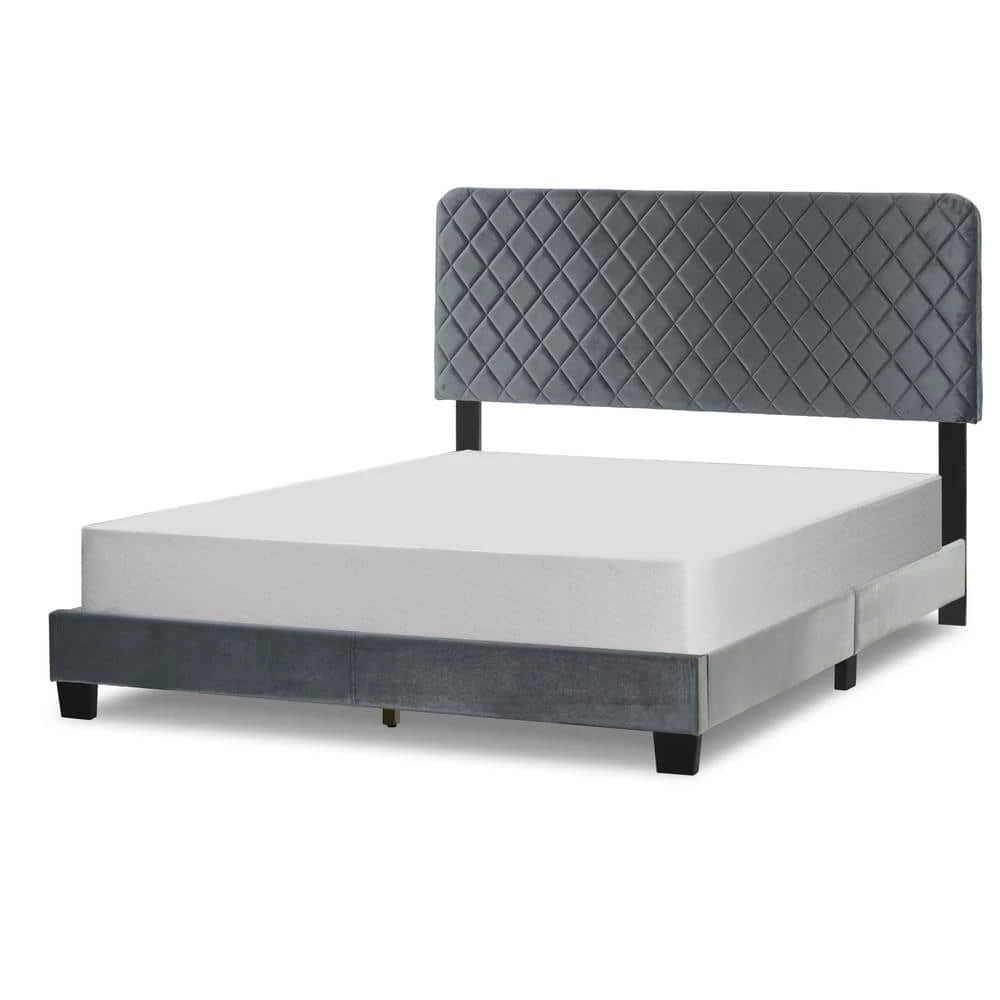 Aurum Silver Grey Velvety Fabric Queen Bed with Decorative Stitching by Glamour Home 2 Aurum Silver Grey Velvety Fabric Queen Bed with Decorative Stitching by Glamour Home - Image 2