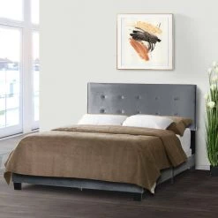 Auryon Silver Grey Velvety Fabric Queen Bed with Button Tufting by Glamour Home -Kahomvis Sales Store silver grey glamour home panel beds ghub 1526 31 1000