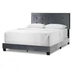 Auryon Silver Grey Velvety Fabric Queen Bed with Button Tufting by Glamour Home