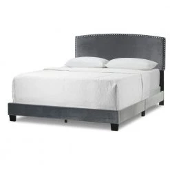 Ausca Silver Grey Velvety Fabric Queen Bed with Nail Head Trim by Glamour Home