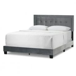 Austin Silver Grey Velvety Fabric Queen Bed with Button Tufting and Stitching by Glamour Home