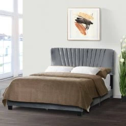 Autumn Silver Grey Velvety Fabric Queen Bed with Decorative Stitching by Glamour Home -Kahomvis Sales Store silver grey glamour home panel beds ghub 1535 44 1000