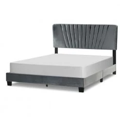 Autumn Silver Grey Velvety Fabric Queen Bed with Decorative Stitching by Glamour Home -Kahomvis Sales Store silver grey glamour home panel beds ghub 1535 4f 1000