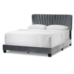 Autumn Silver Grey Velvety Fabric Queen Bed with Decorative Stitching by Glamour Home