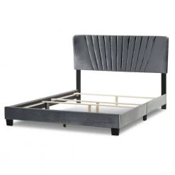Autumn Silver Grey Velvety Fabric Queen Bed with Decorative Stitching by Glamour Home -Kahomvis Sales Store silver grey glamour home panel beds ghub 1535 c3 1000