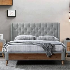Arlo Silver Grey with Wings and Button Tufting Velvet Queen Bed by Glamour Home -Kahomvis Sales Store silver grey glamour home platform beds ghub 1380 31 1000