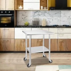 30 in. Stainless Steel Heavy Duty Garage Workstation Kitchen Utility Table with Universal Wheels and Adjustable Shelf by Kahomvis 15 30 in. Stainless Steel Heavy Duty Garage Workstation Kitchen Utility Table with Universal Wheels and Adjustable Shelf by Kahomvis -Kahomvis Sales Store silver kahomvis kitchen prep tables darg lkw1 731 31 1000