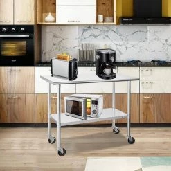 48 in. Stainless Steel Heavy Duty Garage Workstation Kitchen Utility Table with Universal Wheels and Adjustable Shelf by Kahomvis -Kahomvis Sales Store silver kahomvis kitchen prep tables darg lkw1 735 31 1000