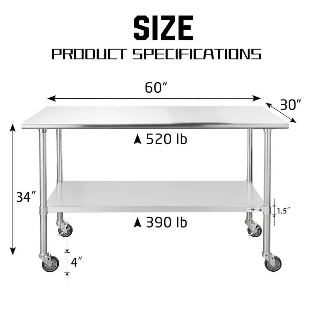 60 in. Stainless Steel Heavy Duty Garage Workstation Kitchen Utility Table with Universal Wheels and Adjustable Shelf by Kahomvis 2 60 in. Stainless Steel Heavy Duty Garage Workstation Kitchen Utility Table with Universal Wheels and Adjustable Shelf by Kahomvis - Image 2