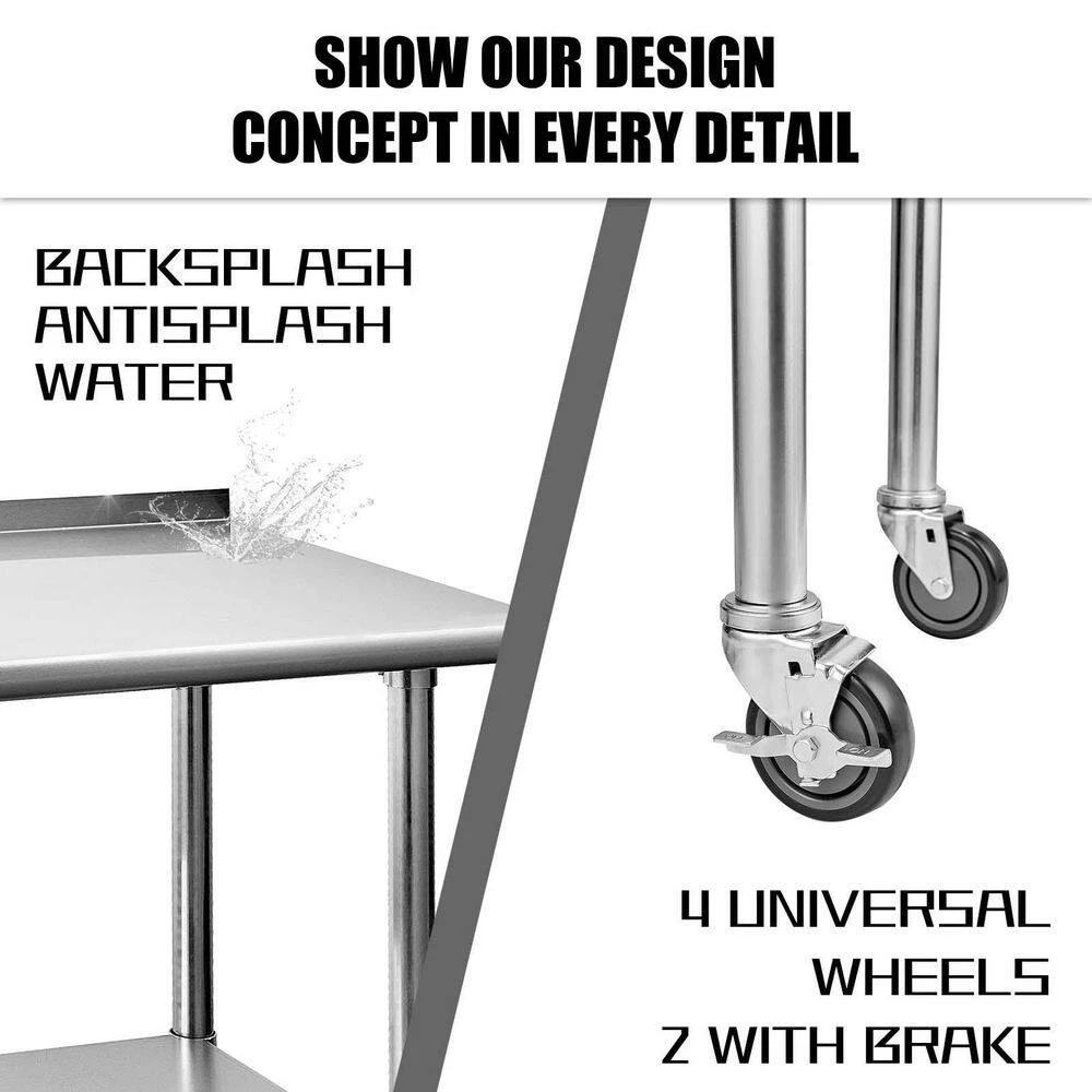 36 in. Stainless Steel Heavy Duty Garage Workstation Kitchen Utility Table with Wheels, Adjustable Shelf and Backsplash by Kahomvis 4 36 in. Stainless Steel Heavy Duty Garage Workstation Kitchen Utility Table with Wheels, Adjustable Shelf and Backsplash by Kahomvis - Image 4