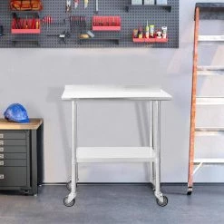 36 in. Stainless Steel Heavy Duty Garage Workstation Kitchen Utility Table with Wheels, Adjustable Shelf and Backsplash by Kahomvis 15 36 in. Stainless Steel Heavy Duty Garage Workstation Kitchen Utility Table with Wheels, Adjustable Shelf and Backsplash by Kahomvis -Kahomvis Sales Store silver kahomvis kitchen prep tables darg lkw1 745 31 1000