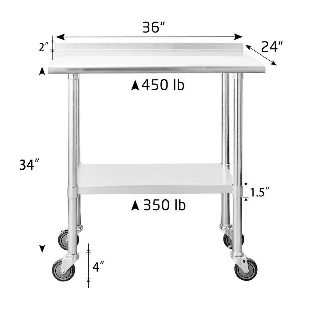 36 in. Stainless Steel Heavy Duty Garage Workstation Kitchen Utility Table with Wheels, Adjustable Shelf and Backsplash by Kahomvis 2 36 in. Stainless Steel Heavy Duty Garage Workstation Kitchen Utility Table with Wheels, Adjustable Shelf and Backsplash by Kahomvis - Image 2