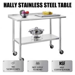 48 in. Stainless Steel Heavy Duty Garage Workstation Kitchen Utility Table with Wheels, Adjustable Shelf and Backsplash by Kahomvis -Kahomvis Sales Store silver kahomvis kitchen prep tables darg lkw1 746 1f 1000