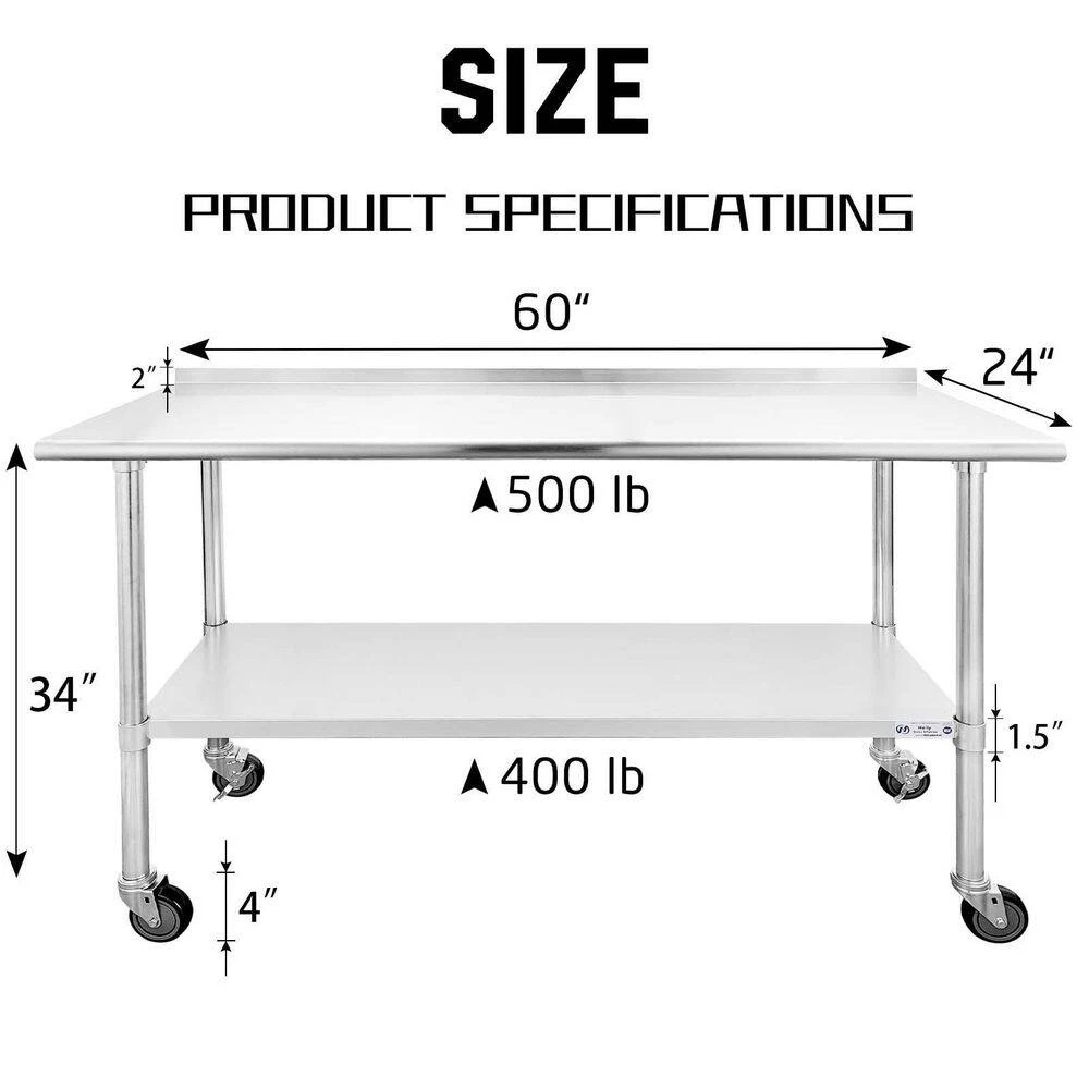 60 in. Stainless Steel Heavy Duty Garage Workstation Kitchen Utility Table with Wheels, Adjustable Shelf and Backsplash by Kahomvis 2 60 in. Stainless Steel Heavy Duty Garage Workstation Kitchen Utility Table with Wheels, Adjustable Shelf and Backsplash by Kahomvis - Image 2