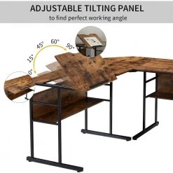 67 in. L-Shaped Tiger Wood Computer Desk with Adjustable Tilting Panel and Bottom Bookshelves by Kahomvis -Kahomvis Sales Store tiger kahomvis computer desks sl lkwf 15aat 1f 1000