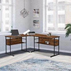 67 in. L-Shaped Tiger Wood Computer Desk with Adjustable Tilting Panel and Bottom Bookshelves by Kahomvis -Kahomvis Sales Store tiger kahomvis computer desks sl lkwf 15aat 31 1000