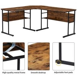 67 in. L-Shaped Tiger Wood Computer Desk with Adjustable Tilting Panel and Bottom Bookshelves by Kahomvis -Kahomvis Sales Store tiger kahomvis computer desks sl lkwf 15aat 4f 1000