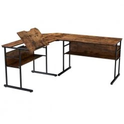 67 in. L-Shaped Tiger Wood Computer Desk with Adjustable Tilting Panel and Bottom Bookshelves by Kahomvis