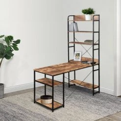 54.3 in. Rectangular Tiger Wood Computer Desk with 5 Tier Open Bookshelf and Steel Frame by Kahomvis -Kahomvis Sales Store tiger kahomvis computer desks sl lkwf 59aat 31 1000