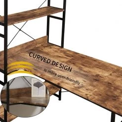 54.3 in. Rectangular Tiger Wood Computer Desk with 5 Tier Open Bookshelf and Steel Frame by Kahomvis -Kahomvis Sales Store tiger kahomvis computer desks sl lkwf 59aat 44 1000