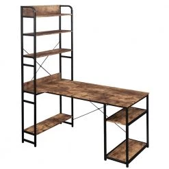 54.3 in. Rectangular Tiger Wood Computer Desk with 5 Tier Open Bookshelf and Steel Frame by Kahomvis