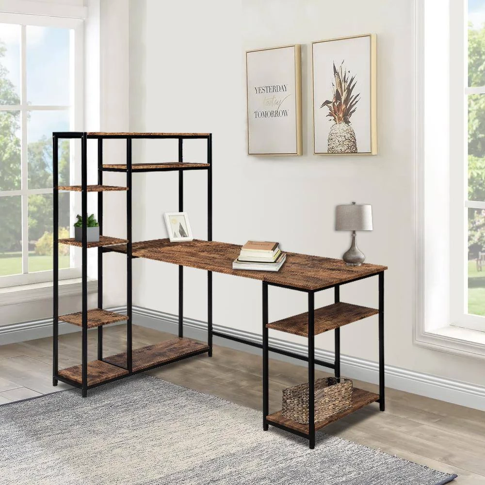 63 in. L-Shaped Tiger Wood Computer Desk for Home Office with Bookshelf and Storage Space by Kahomvis 10 63 in. L-Shaped Tiger Wood Computer Desk for Home Office with Bookshelf and Storage Space by Kahomvis - Image 10