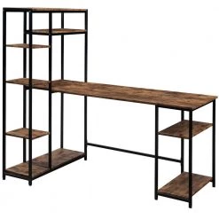 63 in. L-Shaped Tiger Wood Computer Desk for Home Office with Bookshelf and Storage Space by Kahomvis