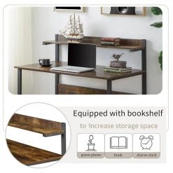 46.4 in. Rectangular Tiger Wood Computer Desk with Monitor Stand Riser Shelf an Steel Frame by Kahomvis -Kahomvis Sales Store tiger kahomvis computer desks sl lkwf 6aat 1f 1000