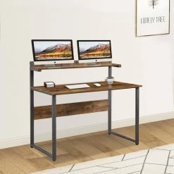 46.4 in. Rectangular Tiger Wood Computer Desk with Monitor Stand Riser Shelf an Steel Frame by Kahomvis -Kahomvis Sales Store tiger kahomvis computer desks sl lkwf 6aat 31 1000