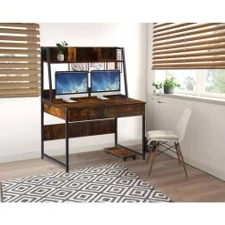 47.24 in. Rectangular Tiger Wood 2-Drawer Computer Desk for Home Office with Host Tray and Bookshelf by Kahomvis -Kahomvis Sales Store tiger kahomvis computer desks sl lkwf 84aat 31 1000