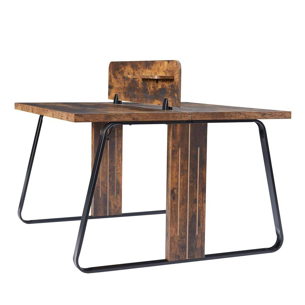 47.2 in. Industrial Design Square Tiger Wood Double Computer Desk with Divider Panel and Steel Frame by Kahomvis 3 47.2 in. Industrial Design Square Tiger Wood Double Computer Desk with Divider Panel and Steel Frame by Kahomvis - Image 3