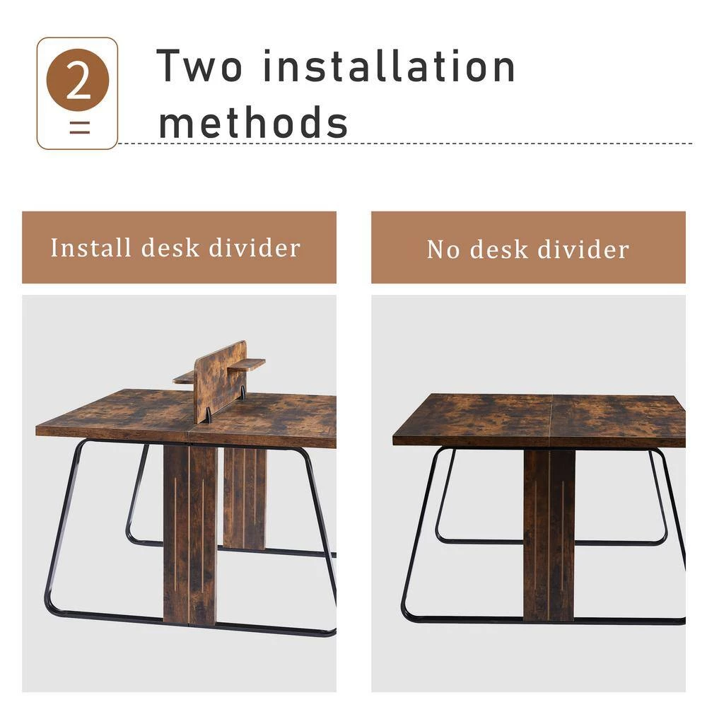 47.2 in. Industrial Design Square Tiger Wood Double Computer Desk with Divider Panel and Steel Frame by Kahomvis 8 47.2 in. Industrial Design Square Tiger Wood Double Computer Desk with Divider Panel and Steel Frame by Kahomvis - Image 8