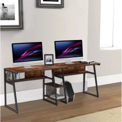 81 in. Rustic Rectangular Tiger Wood Double Writing Desk with Storage Shelf and Steel Frame by Kahomvis -Kahomvis Sales Store tiger kahomvis writing desks sl lkwf 4aat 31 1000