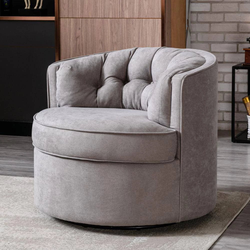 Warm Grey Linen Fabric Upholstered 360° Swivel Tufted Back Accent Round Barrel Chair (Set of 1) by Kahomvis 7 Warm Grey Linen Fabric Upholstered 360° Swivel Tufted Back Accent Round Barrel Chair (Set of 1) by Kahomvis - Image 7
