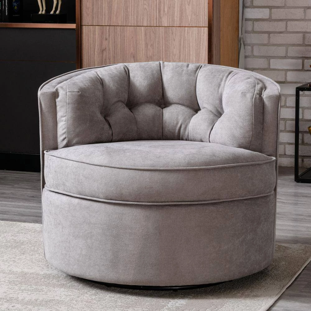 Warm Grey Linen Fabric Upholstered 360° Swivel Tufted Back Accent Round Barrel Chair (Set of 1) by Kahomvis 9 Warm Grey Linen Fabric Upholstered 360° Swivel Tufted Back Accent Round Barrel Chair (Set of 1) by Kahomvis - Image 9