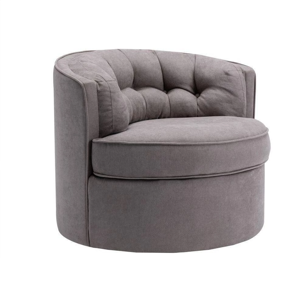 Warm Grey Linen Fabric Upholstered 360° Swivel Tufted Back Accent Round Barrel Chair (Set of 1) by Kahomvis 2 Warm Grey Linen Fabric Upholstered 360° Swivel Tufted Back Accent Round Barrel Chair (Set of 1) by Kahomvis - Image 2