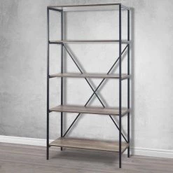 August 67.125 in. Light Brown Weathered Oak Particle Board 5- -Shelf Modern Etagere Bookcase with Metal Frame by Glamour Home -Kahomvis Sales Store weathered oak glamour home bookcases bookshelves ghdsv 1459 31 1000