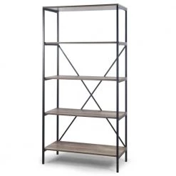 August 67.125 in. Light Brown Weathered Oak Particle Board 5- -Shelf Modern Etagere Bookcase with Metal Frame by Glamour Home