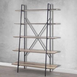 August 71.75 in. Light Brown Weathered Oak Particle Board 5- -Shelf Leaning Modern Etagere Bookcase with Metal Frame by Glamour Home 7 August 71.75 in. Light Brown Weathered Oak Particle Board 5- -Shelf Leaning Modern Etagere Bookcase with Metal Frame by Glamour Home -Kahomvis Sales Store weathered oak glamour home bookcases bookshelves ghdsv 1460 31 1000