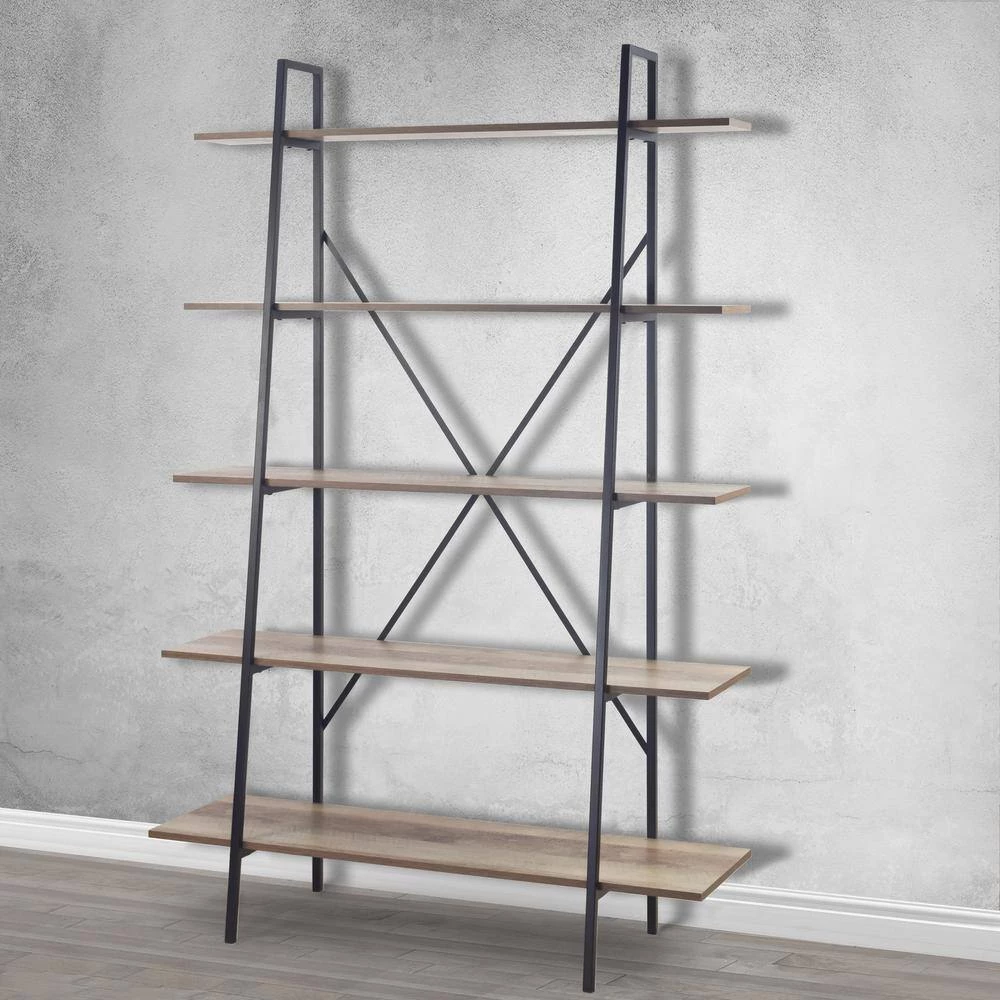 August 71.75 in. Light Brown Weathered Oak Particle Board 5- -Shelf Leaning Modern Etagere Bookcase with Metal Frame by Glamour Home 4 August 71.75 in. Light Brown Weathered Oak Particle Board 5- -Shelf Leaning Modern Etagere Bookcase with Metal Frame by Glamour Home - Image 4