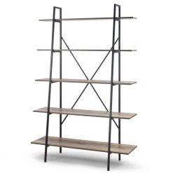 August 71.75 in. Light Brown Weathered Oak Particle Board 5- -Shelf Leaning Modern Etagere Bookcase with Metal Frame by Glamour Home