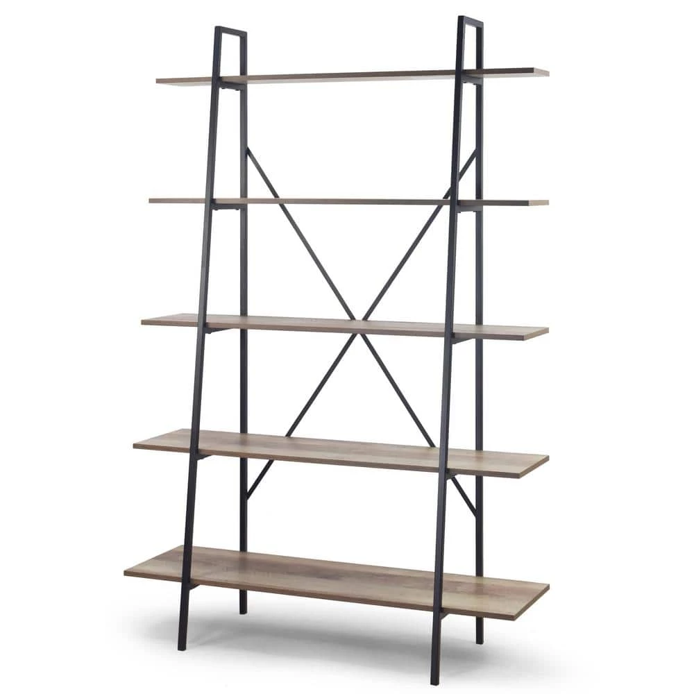 August 71.75 in. Light Brown Weathered Oak Particle Board 5- -Shelf Leaning Modern Etagere Bookcase with Metal Frame by Glamour Home 1 August 71.75 in. Light Brown Weathered Oak Particle Board 5- -Shelf Leaning Modern Etagere Bookcase with Metal Frame by Glamour Home