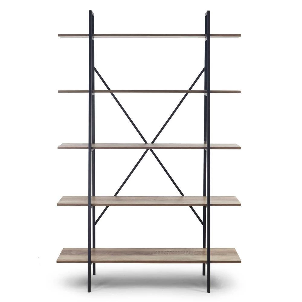August 71.75 in. Light Brown Weathered Oak Particle Board 5- -Shelf Leaning Modern Etagere Bookcase with Metal Frame by Glamour Home 2 August 71.75 in. Light Brown Weathered Oak Particle Board 5- -Shelf Leaning Modern Etagere Bookcase with Metal Frame by Glamour Home - Image 2
