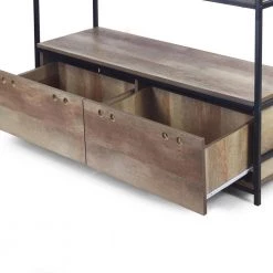 August 71.5 in. Light Brown Weathered Oak Particle Board 5- -Shelf Modern Etagere Metal Frame Bookcase with Drawers by Glamour Home -Kahomvis Sales Store weathered oak glamour home bookcases bookshelves ghdsv 1461 1f 1000