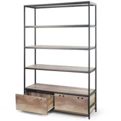 August 71.5 in. Light Brown Weathered Oak Particle Board 5- -Shelf Modern Etagere Metal Frame Bookcase with Drawers by Glamour Home -Kahomvis Sales Store weathered oak glamour home bookcases bookshelves ghdsv 1461 4f 1000