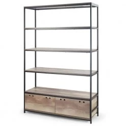 August 71.5 in. Light Brown Weathered Oak Particle Board 5- -Shelf Modern Etagere Metal Frame Bookcase with Drawers by Glamour Home